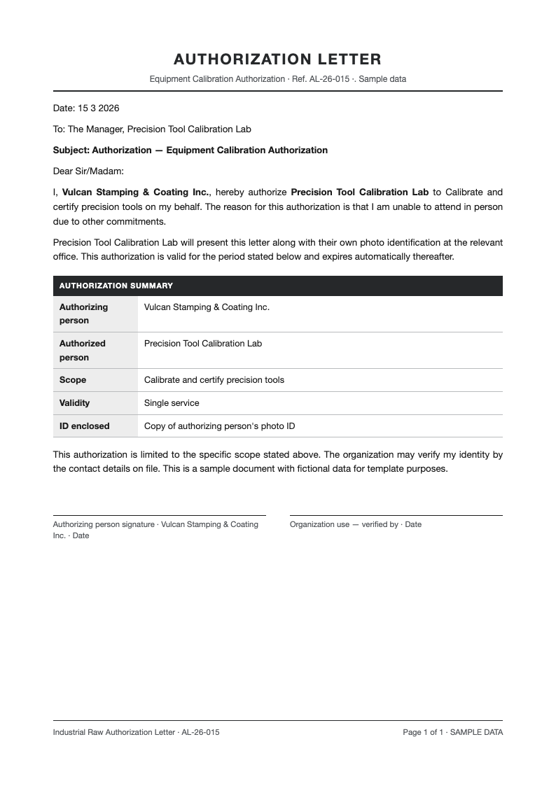 Industrial raw authorization letter